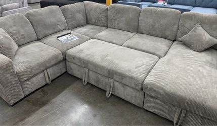 Large Gray Corduroy Sectional Sofa with sleeper