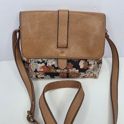 Fossil Cream Brown Tan Leather & Floral  Coated  Canvas Crossbody Shoulder Purse