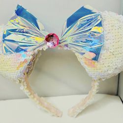 Disney Parks Minnie Mouse Iridescent Glitter Bow White Sequin Ears Headband