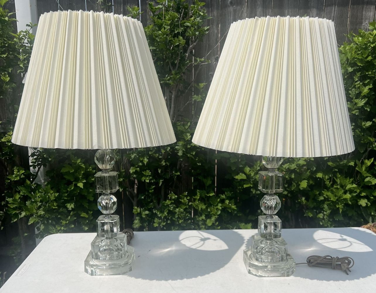 Vintage Pair Stacked Etch Crystal Table Lamps