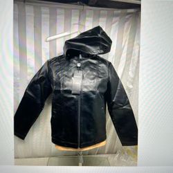 NEW R Rosso Black Leather Zip Up Hooded Jacket Large NWT