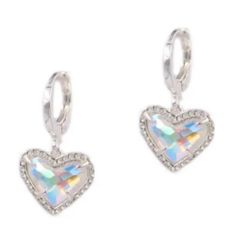 14k White Gold plated Silver Iridescent Crystal Heart Hoop Dangle earrings