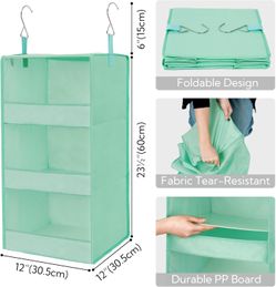 3-Shelf Collapsible Hanging Closet Clothes Storage Organizer w/ Drawers (Mint Green)