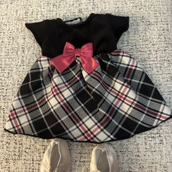 Plaid Dress with Pink Bow and sparkling silver shows for dolls