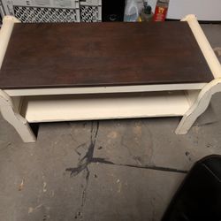 All Natural Wood Table/Bench With Distressed Chalk Finish And Walnut Stain