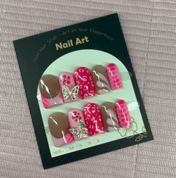 Short square press on nails light pink French tips butterflies flowers hot pink