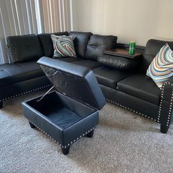 Black Sectional W/Storage Ottoman (Left Chaise)