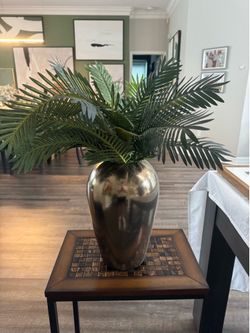 Modern Metallic Silver Vase with Faux Palm Fronds Accent Decor
