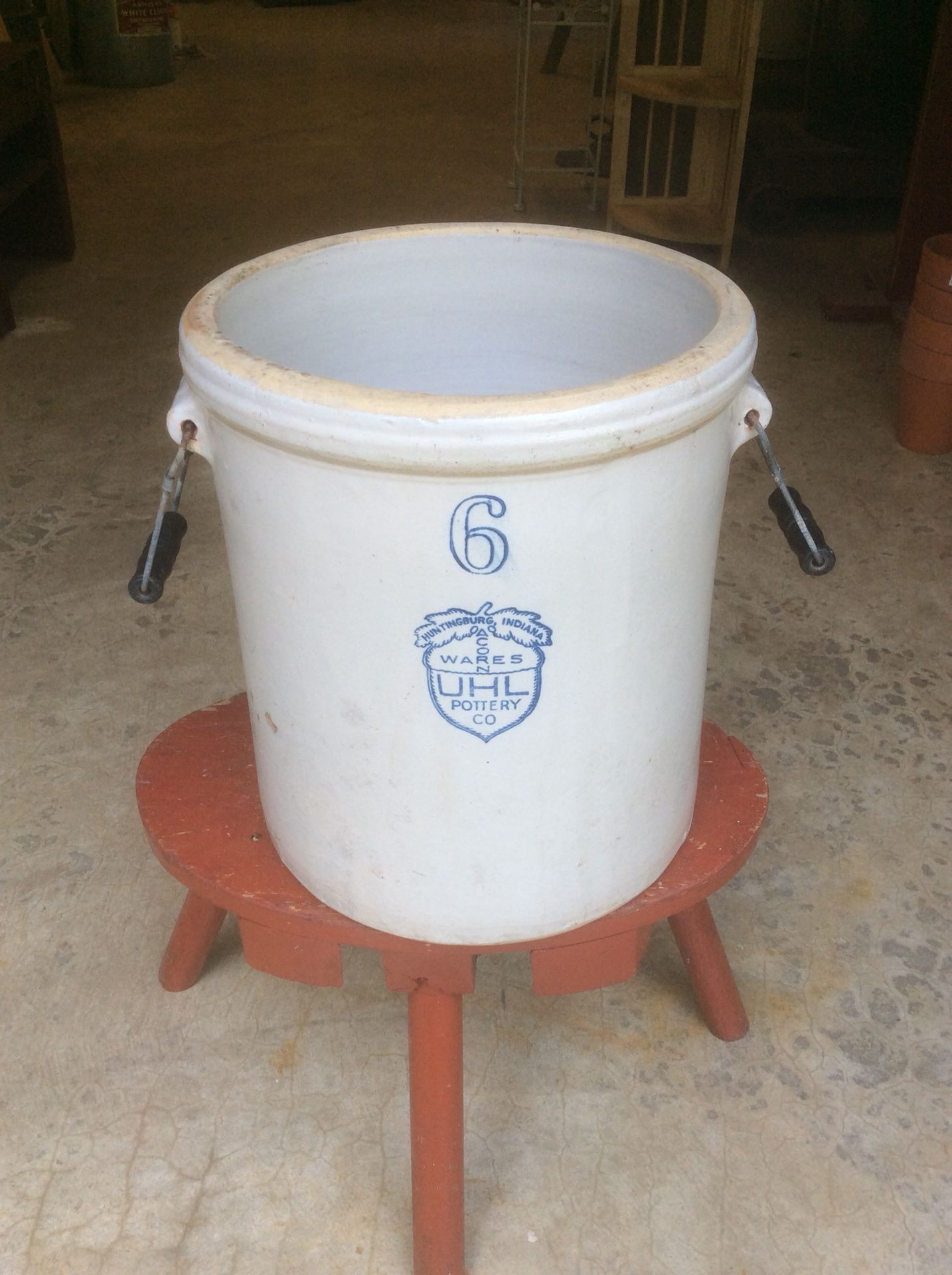 Antique “UHL POTTERY CO.” 6 gallon stoneware crock with handles