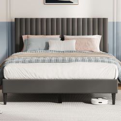 Queen Bed Frame, Velvet Upholstered Platform Bed with Headboard, Strong Wooden Slats Support