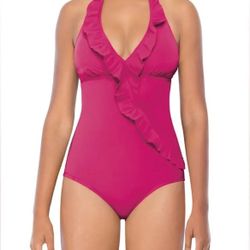 Spanx Assets By Sara Blakely Swimsuit M Bright Pink One Piece Ruffled Halter
