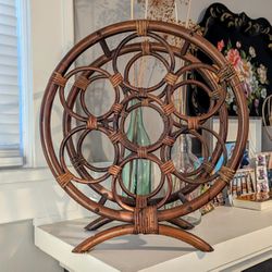 Vintage rattan wicker bamboo round wine rack circle holder 1960s boho