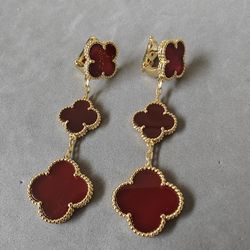 VCA Earrings Red Stone 3 Motif 18k Yellow Gold Plated 