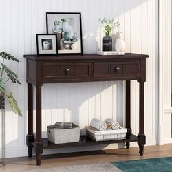 NEW Espresso Wood 2-Drawers Console End Table with Bottom Shelf
