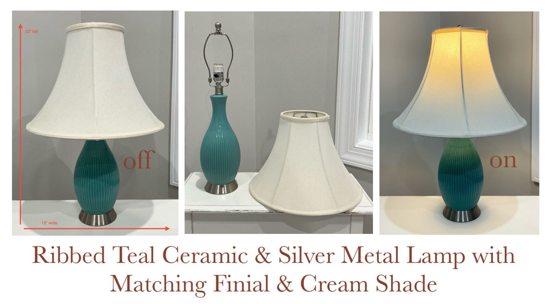 Ribbed Teal Ceramic & Silver Metal Lamp with Matching Finial & Cream Shade