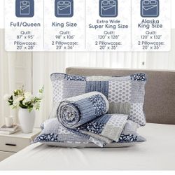 Alaska King Quilt Set 132x120 Navy Blue Grey Plaid Patchwork Extra Large Oversized King Size Bedspread Super King Coverlet Set 3-Piece Reversible Ligh