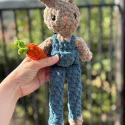 Bunny In Overalls With Carrot 🥕 Handmade 🧶 Plushie 🧶 Crochet 🧶 