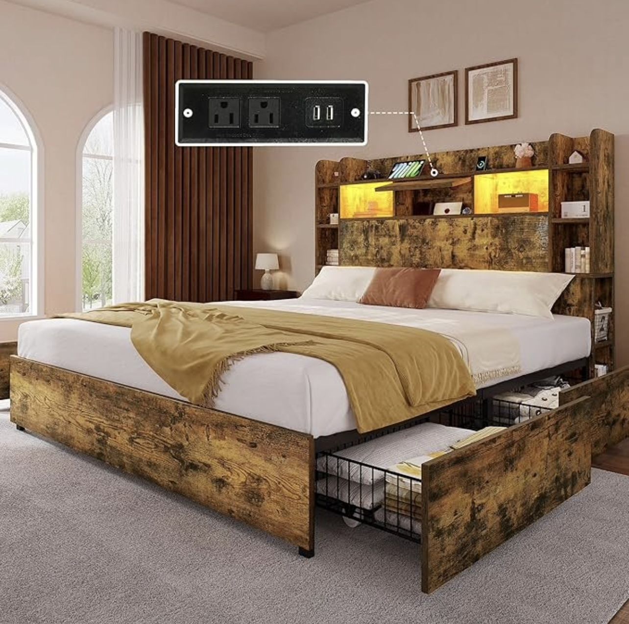 BED FRAME QUEEN SIZE WITH STORAGE DRAWERS AND LED LIGHTING BRAND NEW IN BOX!!!