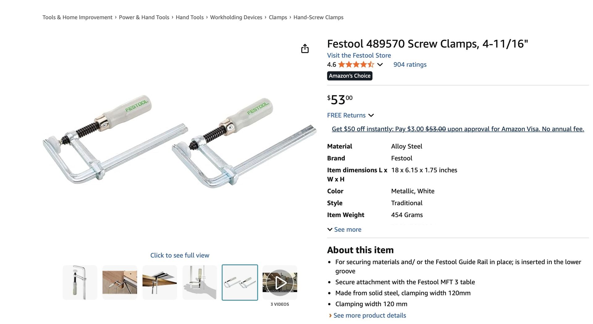 Festool Guide Rail Screw Clamps 4-11/16