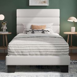 Twin Platform Bed Frame with Velvet Upholstered, White R-10