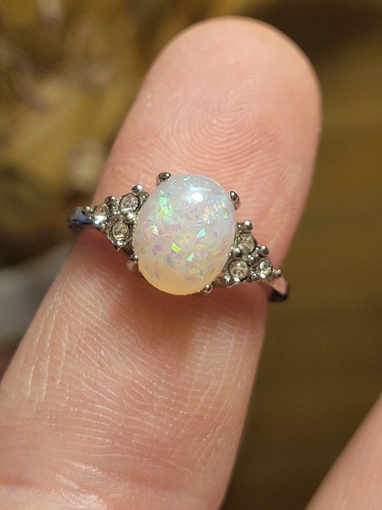 Simulated Opal Ring Stamped.925 Silver Ring Size 6