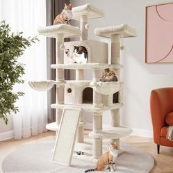 Cat Tree for Large Kitties/Big Cat Tower with Condo/Cozy Plush ‌Pussycat Perches/Sisal Scratching Posts and Hammocks/Activity Center/Beige