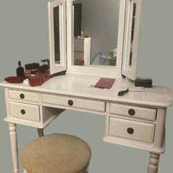 White Vanity With Mirrors & Drawers,  Stool Included 