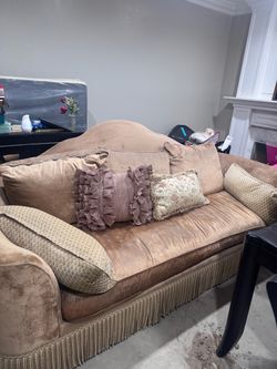 Designed by Marge Carson Camelback Sofa with Fringe Trim