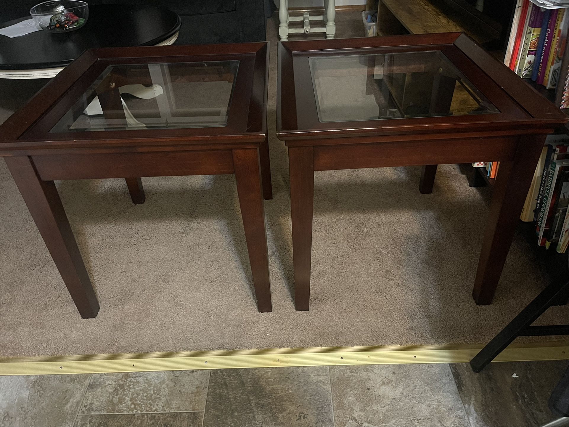 Set Of Wooden Side Tables With Glass Top