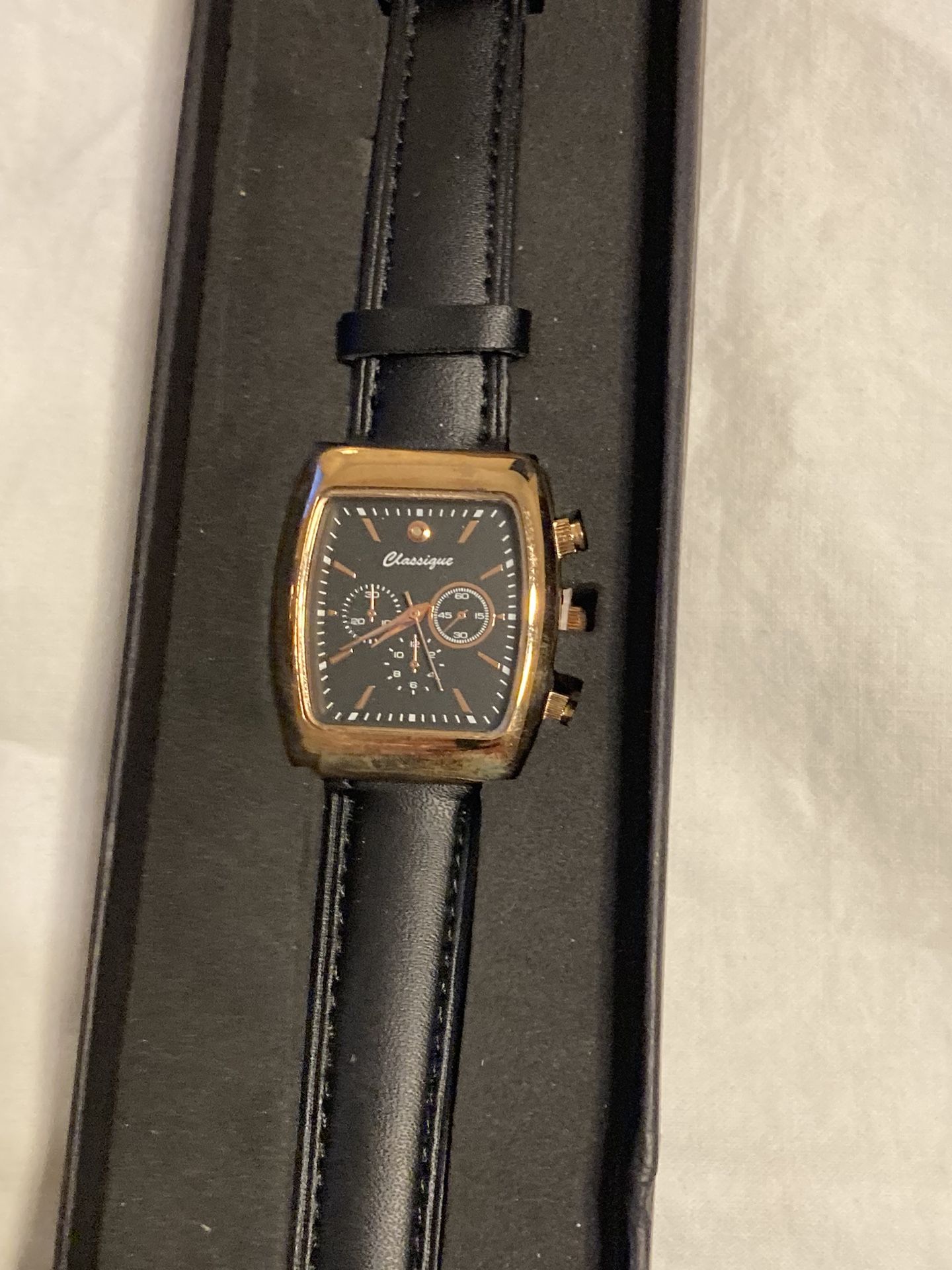 Gold Tone Black Leather Band Watch