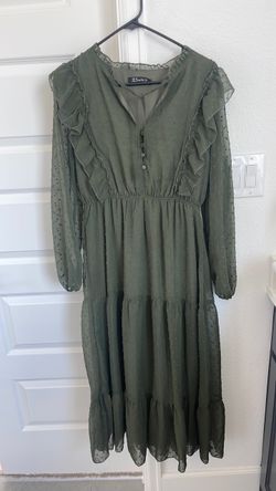 Olive Green Swiss Dot Midi Dress