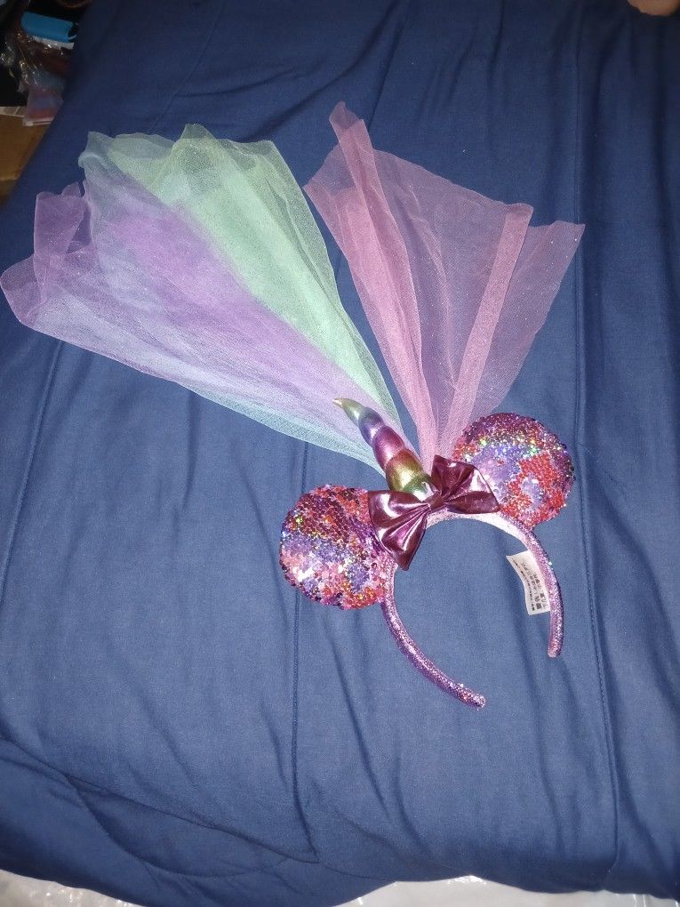 Disney Parks Minnie Mouse Unicorn Pink Sequin Veil Ear Headband