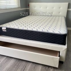 Queen White Platform Bed With Ortho Mattress Included!