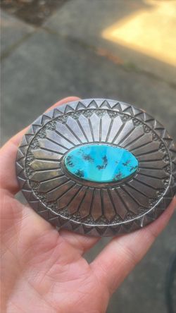 Navajo Sterling Belt Buckle w/ Sleeping Beauty Turquoise