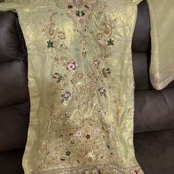 Dull Golden Dress Dabka N Colored Embroidered Jamawar Fabric Trousers