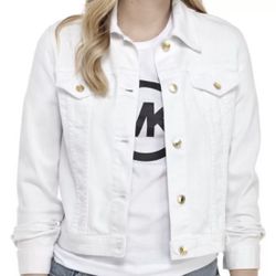 NWT Michael Kors White Denim Jean Jacket W/Gold Buttons Size L Pockets Collared