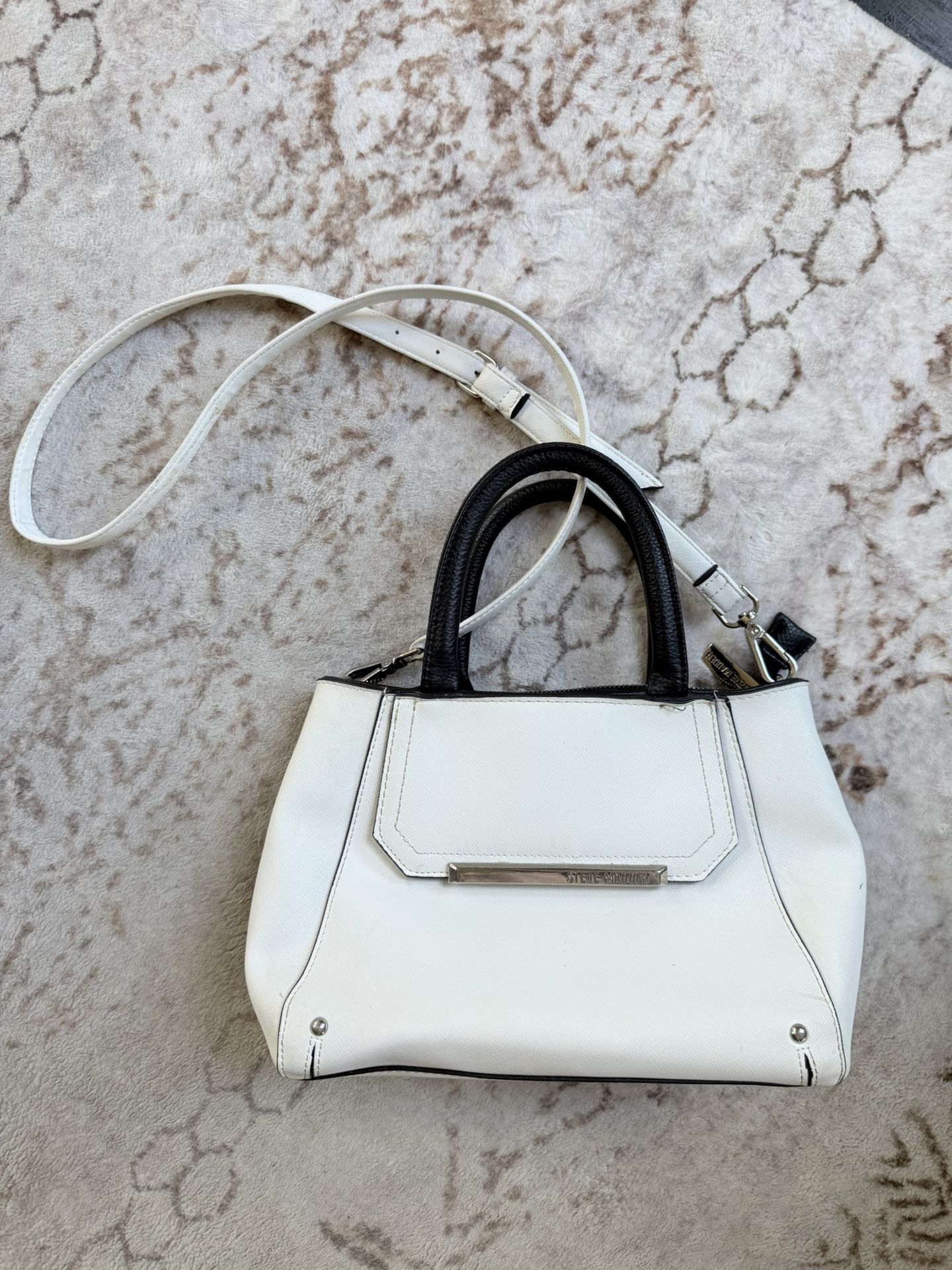 Steve Madden White & Black Color-Block Faux Leather Satchel Crossbody Bag Purse