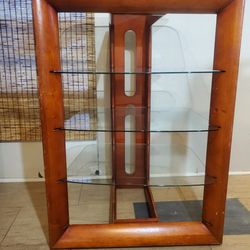 Vintage Post Modernist Warm Wood and 5 Tempered Glass Shelving Unit

