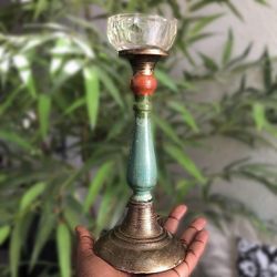 Unique vintage antique brass copper florentine candle stick holder green gold design