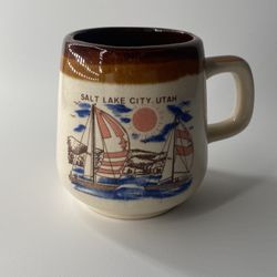 Vintage Mid Century brown Salt Lake City Utah Ceramic Coffee Mug Cup sailboats 