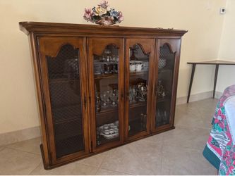 Antique Dark wood glass dining buffet sideboard cabinet