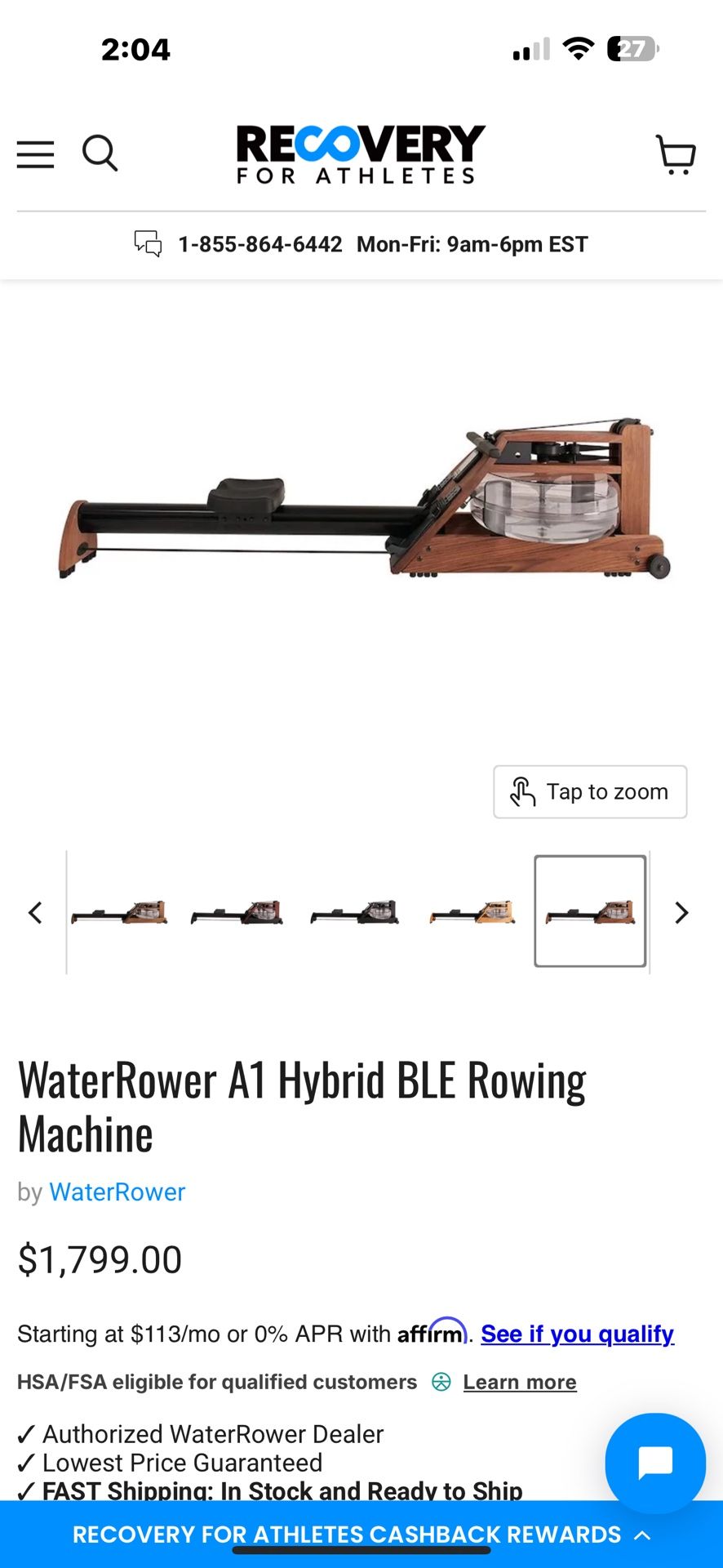 WaterRower A1 Hybrid BLE Rowing Machine - Retail: $1799