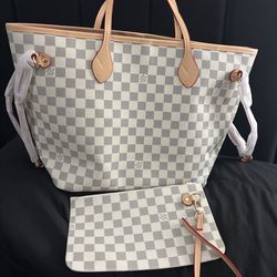 Louis Vuitton Neverfull Damier Azur Tote Pink Interior + Pouch Brand New