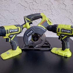 RYOBI ONE+ 18V Cordless 2-Tool Combo Kit, featuring a circular saw, a drill/driver, and an impact driver. 