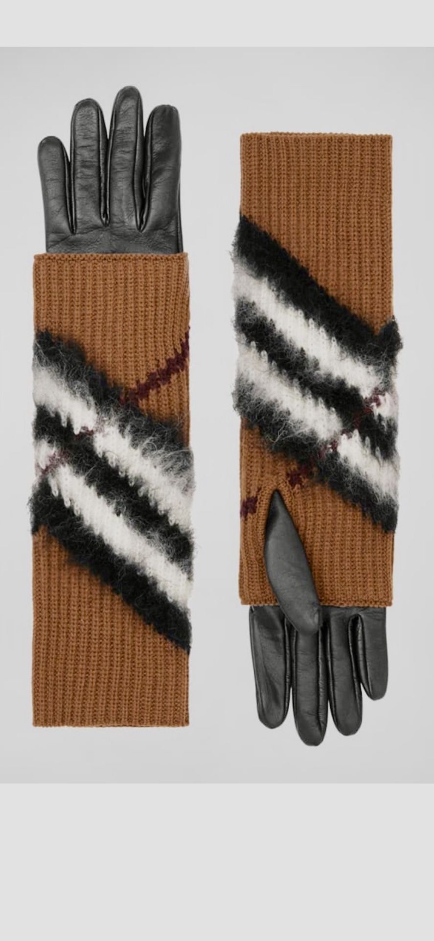 New Never Worn-2 Pc. Burberry Chevron Knit Blend Cashmere Arm Sleeve & Leather Gloves 