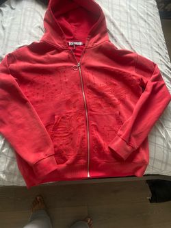 Red Zip-Up Hoodie with Embroidered Graphic designer