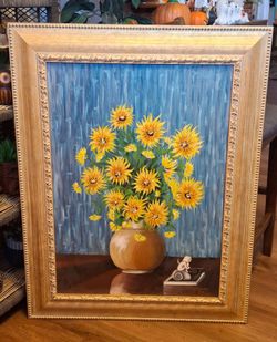 Vintage Framed Oil Painting Sunflowers in Vase 27"x35"