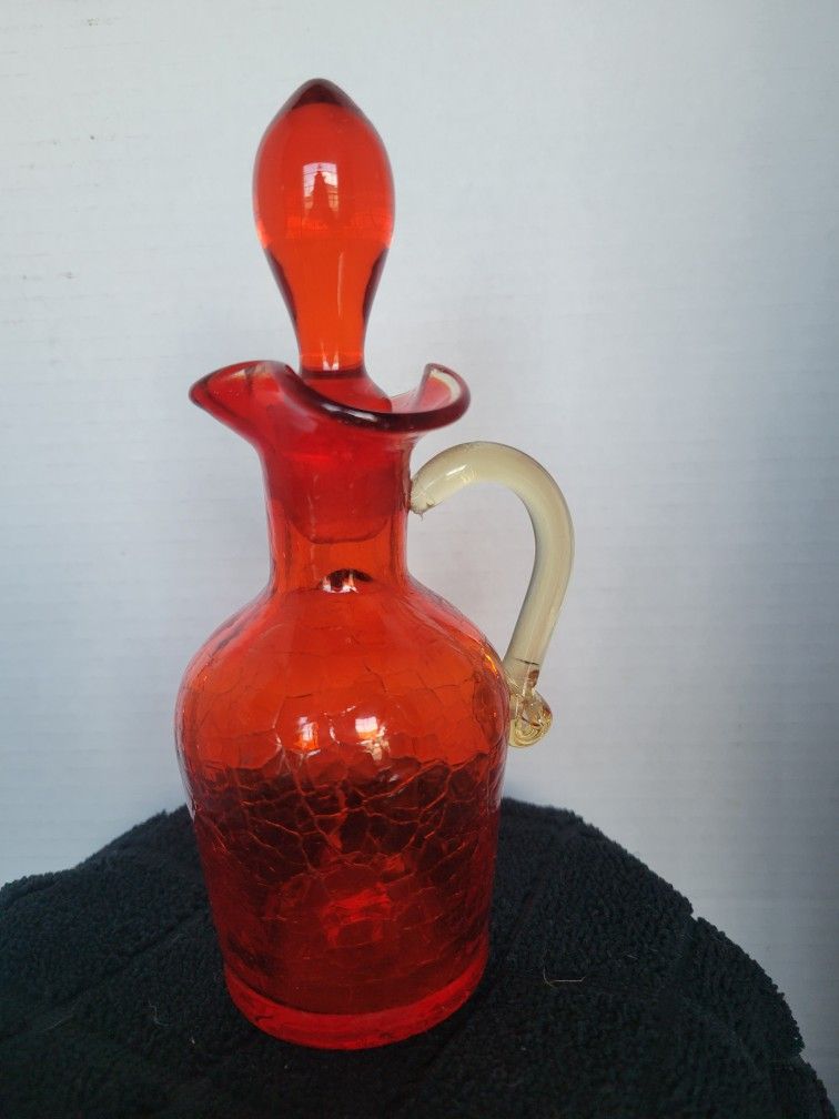 Vintage MCM Amberina Rainbow Glass Cruet w/ Original Stopper Applied Handle 7.5"