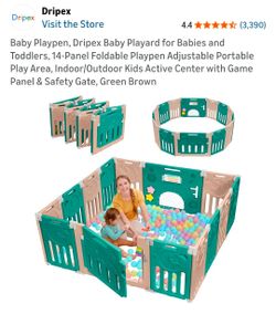 Green & White 14-Panel Foldable Playpen