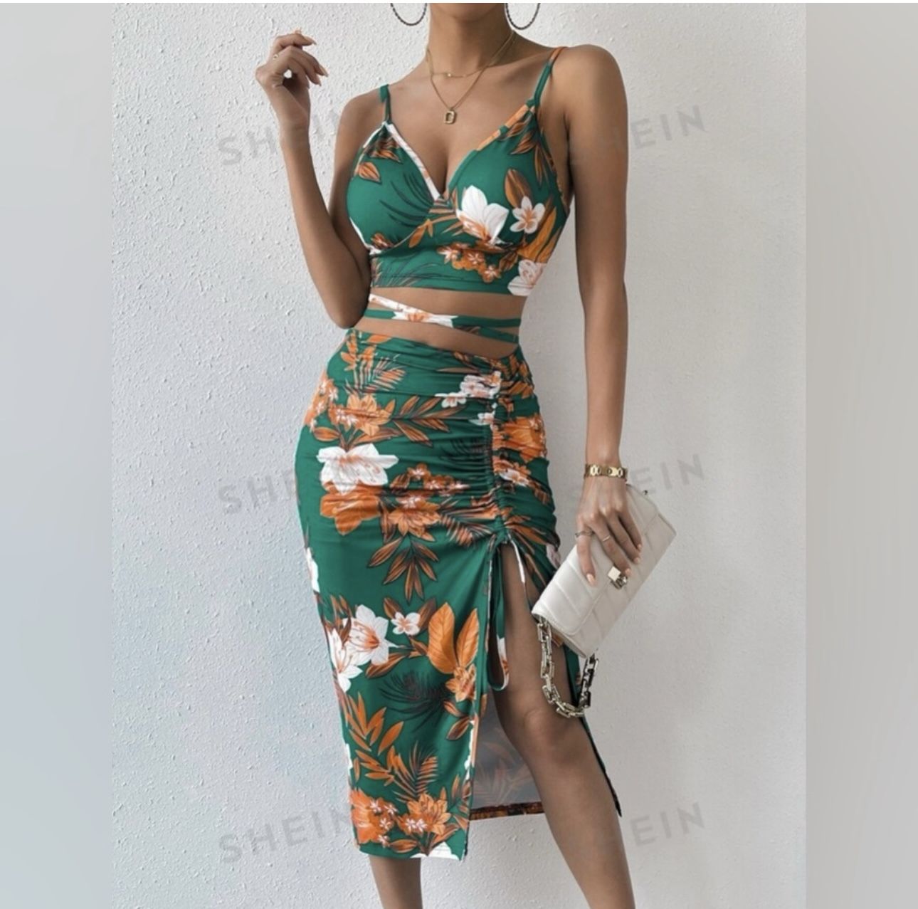 SHEIN Tropical Green Floral top and skirt Set